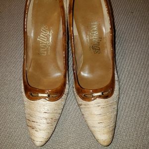 1960s Troylings cream fabric heels with tortoise-shell leather trim, 8 1/2 B